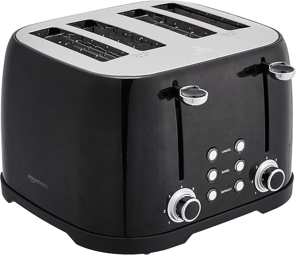 Amazon Basics 4 Slice Toaster with 4 Slots, 6 Browning Settings, Defrost, Removable Crumb Tray, Bagel Function, Cancel Button, 1600W, Black