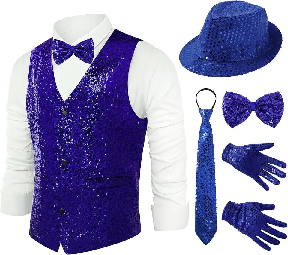 Coucoland Sequin Costume Set 5-Piece Unisex - Pop King Jackson Costume 70s 80s Disco Pop Themed Halloween Cosplay Outfit