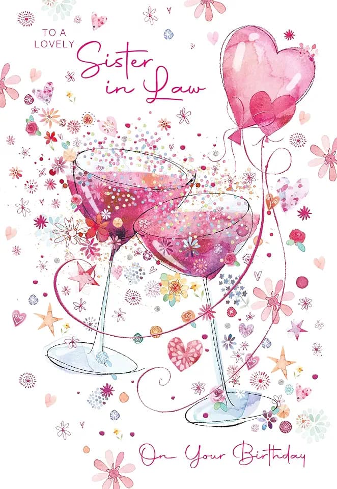 Cherry Orchard Geburtstagskarte mit Umschlag, wunderschönes Design, Cocktailgläser, Luftballons, Blumen und Herzen, Goldfolien-Finish