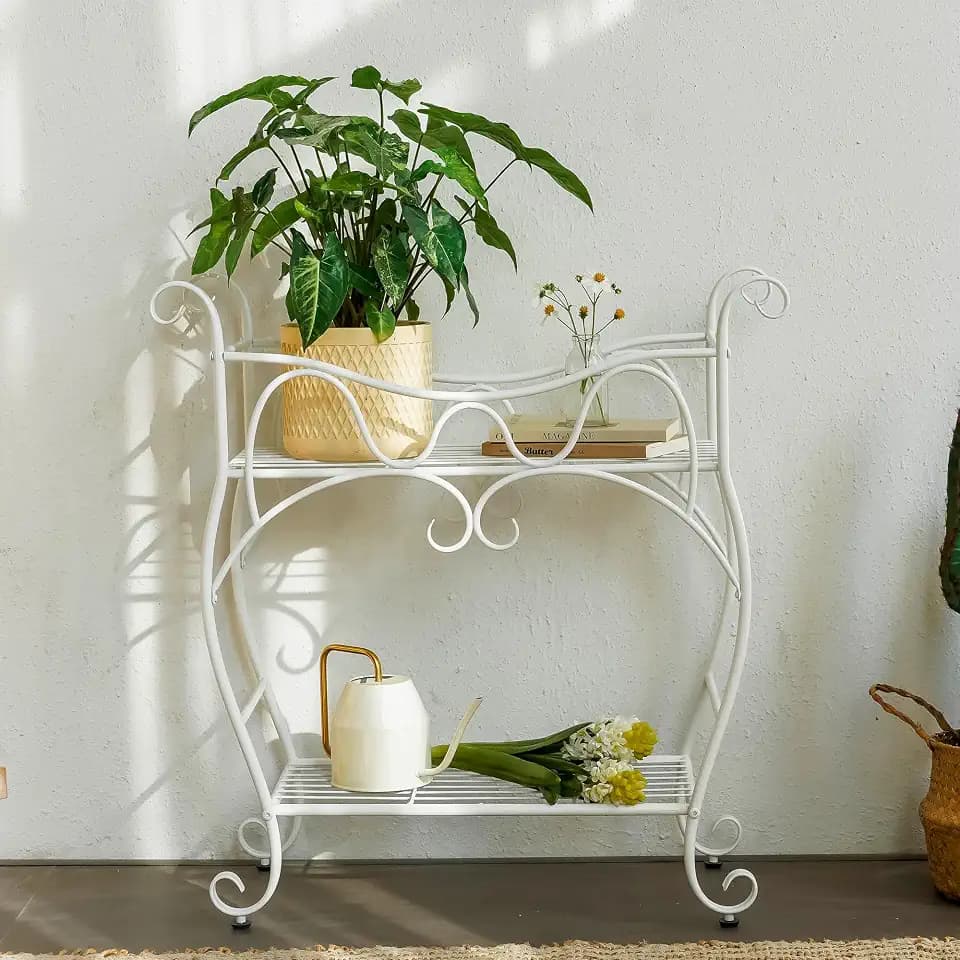 White Two-Tier Fantasy Plant Stand, Whimsical Shelf Indoor Outdoor for Garden, Holds Pots, Unique Storybook Decor for Patio or Living Room