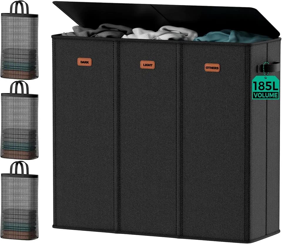 185L Laundry Hamper 3 Section with Lid & Removable Bags