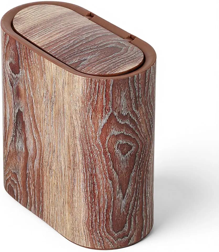 WLLHYF Bathroom Trash Can with Pop-Up Lid Lids Small Garbage Bin Plastic Marble Wood Pattern Trashcans Removable Liner Bucket Wastebasket Modern Narrow Waste Basket for Home Kitchen Bedroom Office