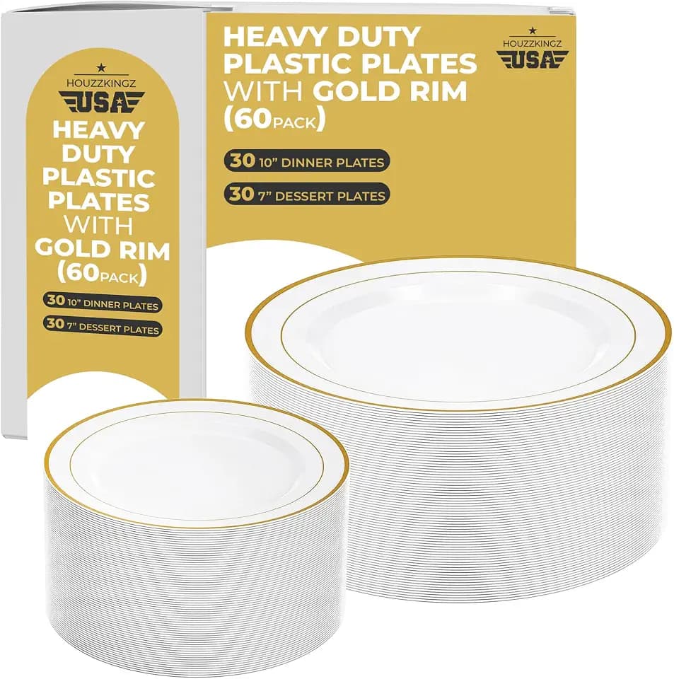60 White and Gold Plastic Plates for Party - Fancy Disposable Heavy Duty 30 Dinner 10" & 30 Salad Dessert 7" Hard Elegant Plates Set with Gold Trim - Nice Premium Sturdy Rim Plate for Wedding Holiday