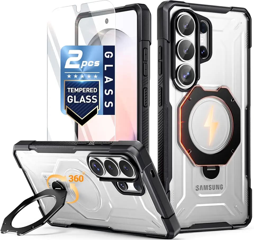 Poetic for Samsung Galaxy S26 Ultra Case | 360° Rotate Magnetic Ring Kickstand | Compatible with MagSafe | Military Grade Drop Proof Protection Cover | 2 Tempered Glass Screen Protector | Black/Clear
