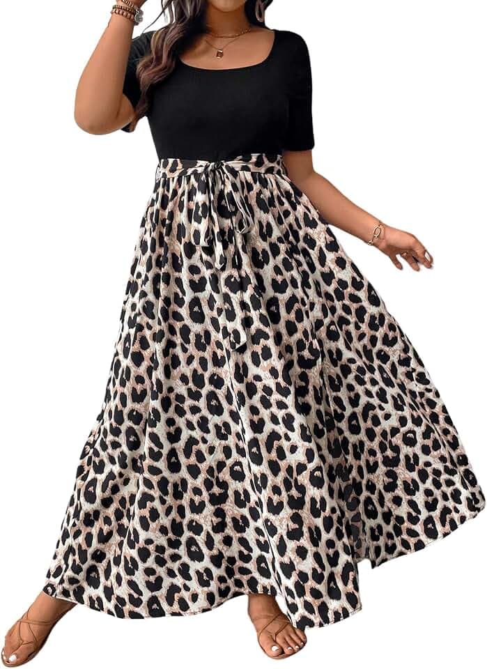 SweatyRocks Damen Kleid Curvy Leopardenmuster Kleid Langes Sommerkleid