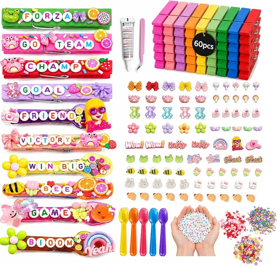 Trewqas DIY Cheer Pins Kit, 60PCS Spirit Clips with U ATE Beads, Spoon, Bows & Charms, Personalized Team Exchange Gifts for Cheerleaders, Volleyball Tournaments & Pep Rally Events