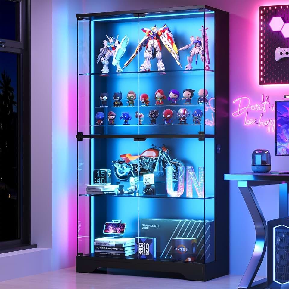 knoworld Glass Display Cabinet with Motion Sensor RGB Lights, Modern Display Case for Collectibles, Black Curio Cabinet, 4-Tier Display Cabinet with Glass Doors, 63",Black