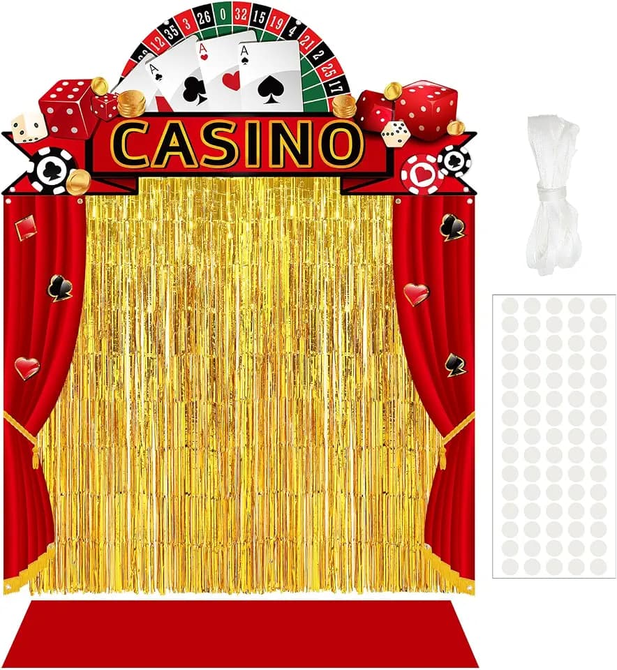 VitalCozy 7 Pcs Casino Party Decorations Backdrop Red Carpet Gold Fringe