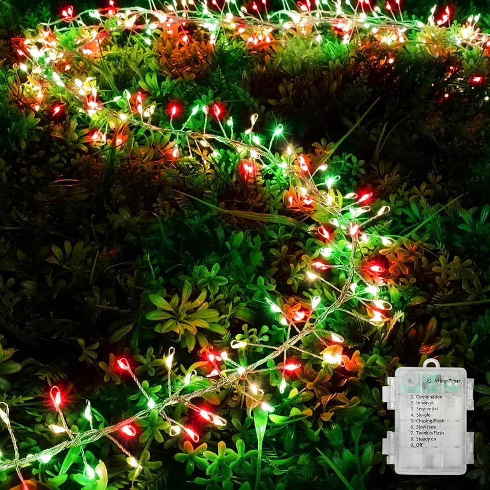 10.8ft Red Green & Warm White Firecracker String Lights, 120 LED Copper Wire Fairy Lights with 6H Timer 8 Modes, IP44 Waterproof Battery Operated Decor Lights for Indoor Outdoor Festival Home Party