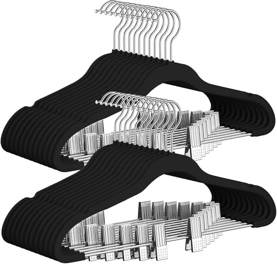 TIMMY 30 Pack Velvet Pants Hangers with Adjustable Clips, Black, Non-Slip