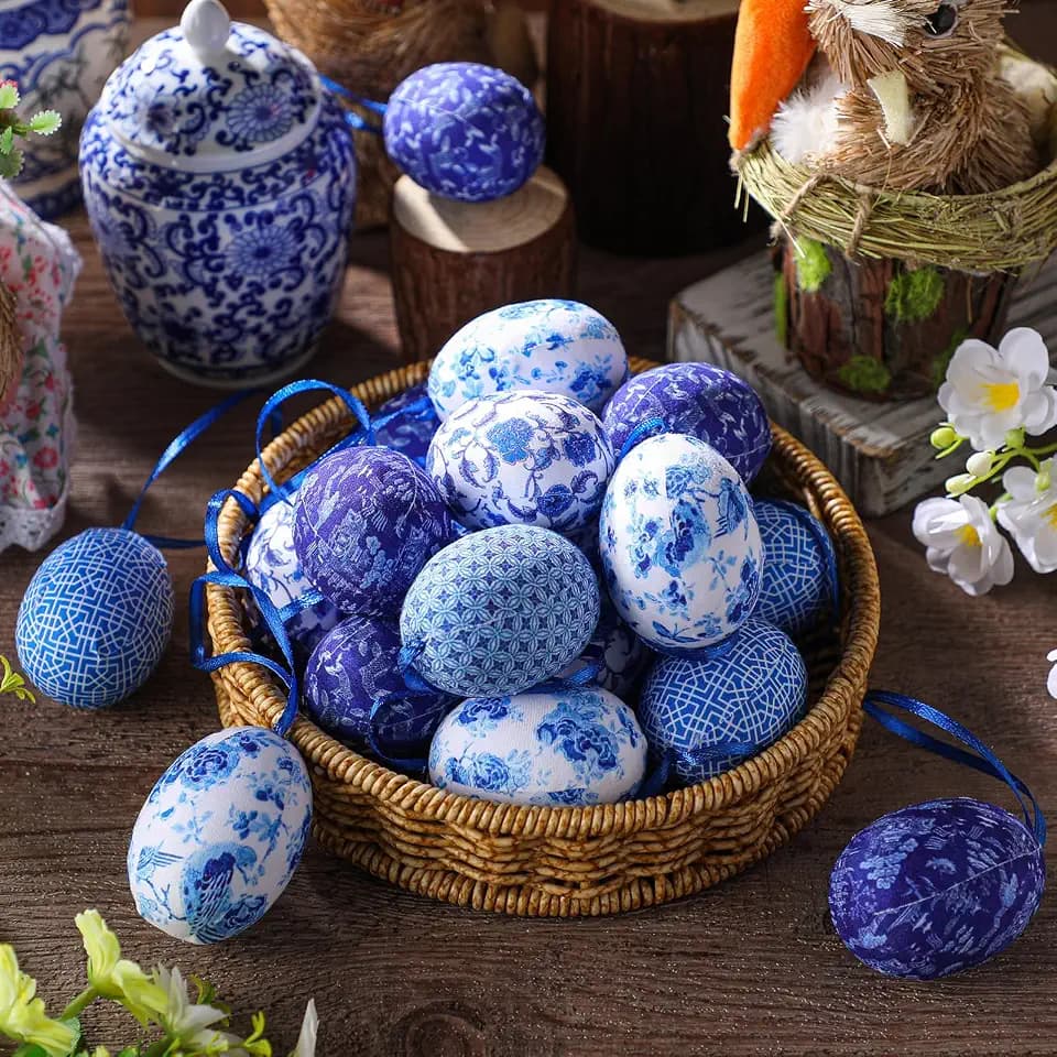 Gemscream 24 Pcs Easter Hanging Eggs Chinoiserie Blue and White Egg