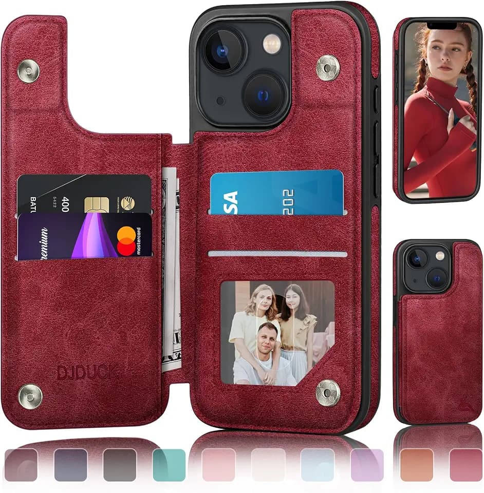 DJDUCK Designed for iPhone 13 Case Wallet with Card Holder, [Magnetic Clasp Cover] [RFID Blocking Leather Protection] Shockproof Women Men Cases 6.1 Inch for Apple 13 Red