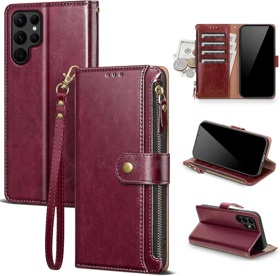Compatible with Samsung Galaxy S22 Ultra 5G Wallet Case with Card Holder RFID Blocking Zipper PU Leather Phone Case Flip Protective Cover Wrist Strap Credit Card Slots Men Women,Wine Red