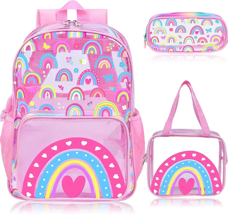3PCS Clear Backpack set for Girls - Pink Rainbow Clear Bookbag for School