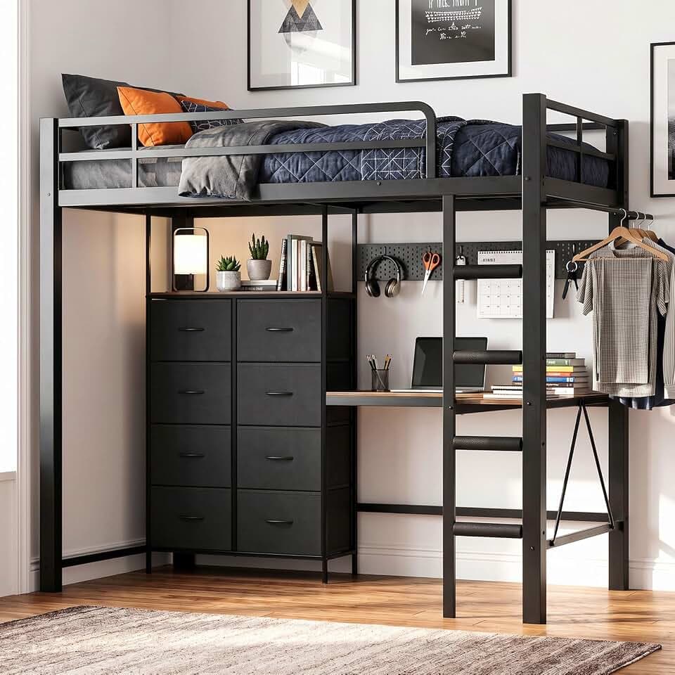 Twin Size Metal Loft Bed with L-Shaped Desk and 8 Storage Drawers,Black