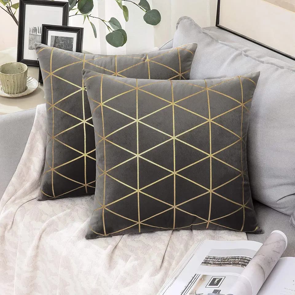 MIULEE 2er Set Samt Kissenbezug Gitter Moderne Zierkissenbezug Dekorative Kissenbezüge Sofakissen Weich Dekokissen Deko mit Verstecktem Reißverschluss für Sofa Büro Bett 50x50 cm Dunkelgrau