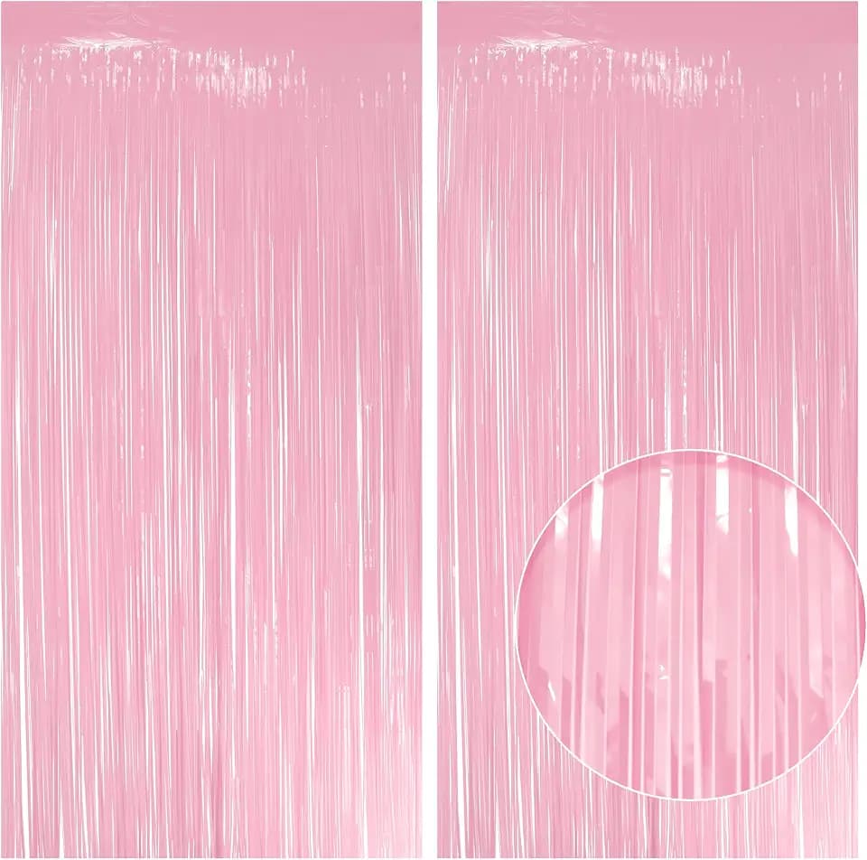 4 Pack Pastel Light Pink Fringe Backdrop, 3.2x8.2ft Shining Foil Tinsel Curtains, Birthday Party Decorations Door Streamers for Halloween, Christmas, Wedding, Graduation, Holiday, Theme Events