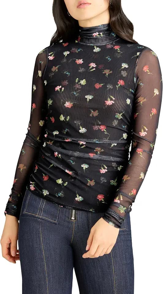 Cinq à Sept Women's Tumbling Carnations Shirred Mesh Turtleneck