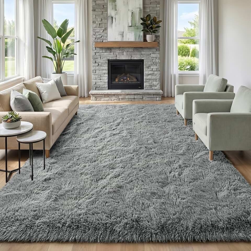 Large Grey Fluffy 9′x11′ Area Rugs for Living Room Clearance