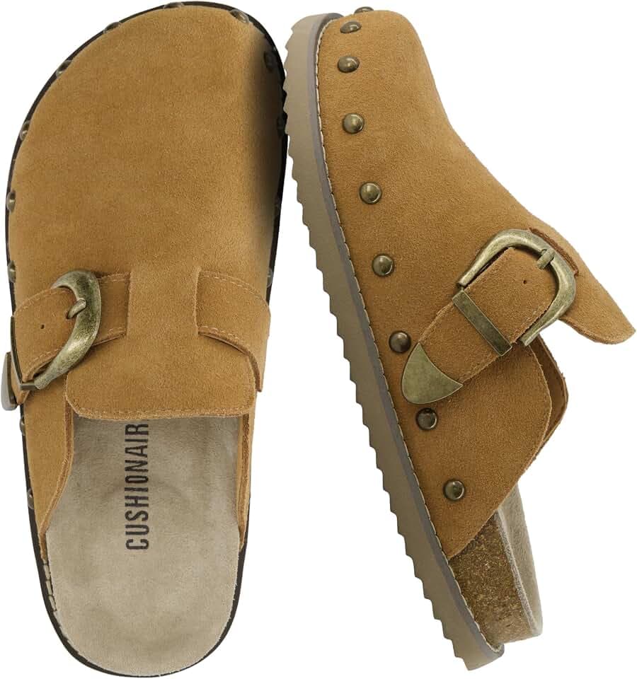 CUSHIONAIRE Bronco Slip On Mule Womens Shoes – Genuine Suede Leather Clogs with Adjustable Buckle and Studded Detailing, Stylish Fall Shoes for Women