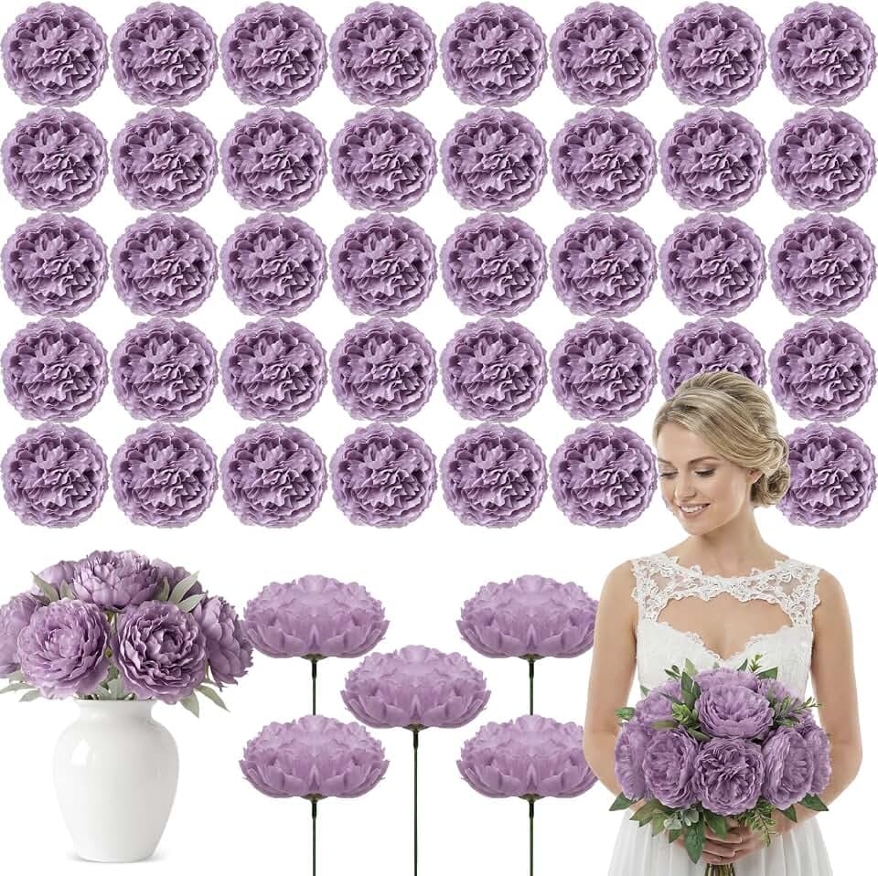 Suncalla Artificial Peony Rose Flowers Heads 4.7 Inches Silk Fake Peony Head Flowers for Wedding Bridal Bouquet Home Floral DIY Centerpieces Tables Party Decorations(Purple,50 Pcs)