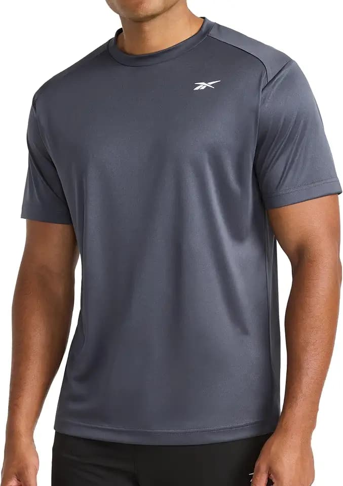 Reebok Men's Small Logo Short Sleeve Crewneck T-Shirt, Standard Fit, Breathable Lightweight Stretch Knit Fabric