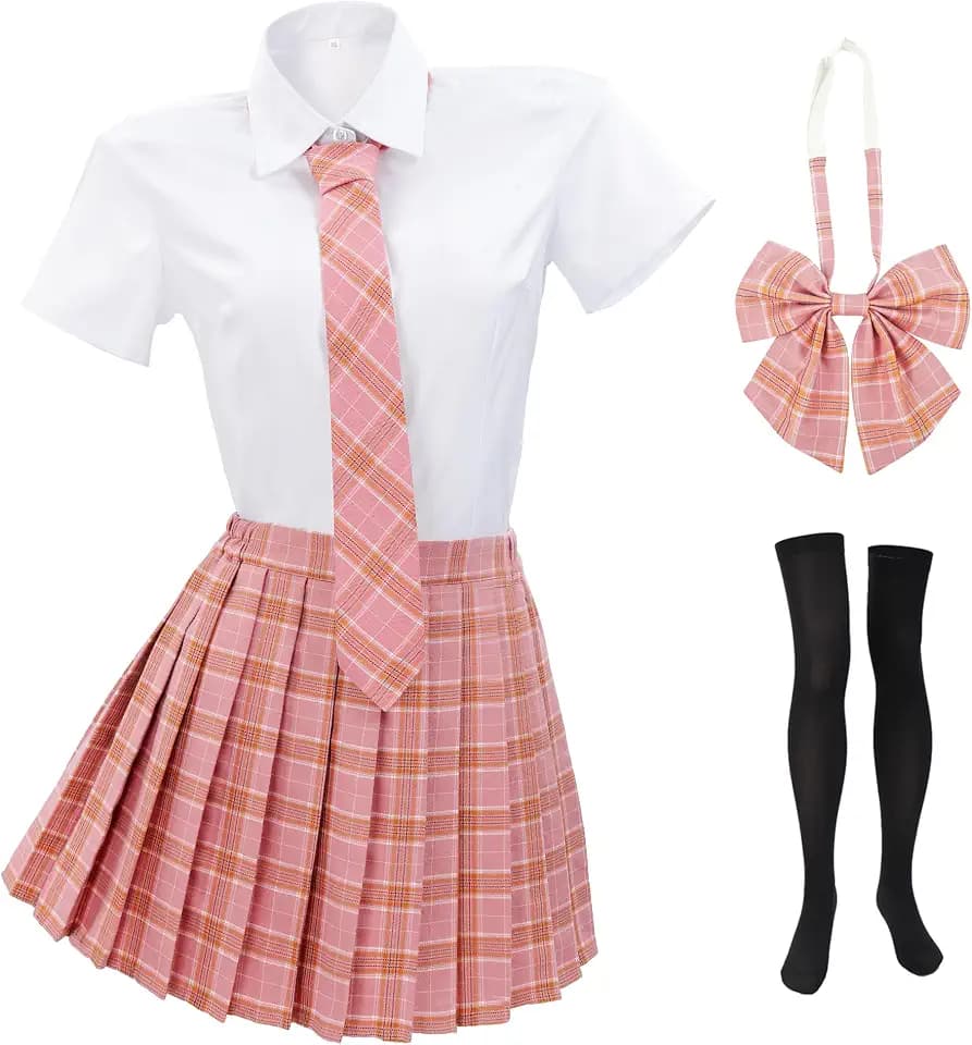 PROCOS Women Japanese Uniform Schoolgirl Outfit US Size Costume with Plaid Bow Tie Socks 5 PCS