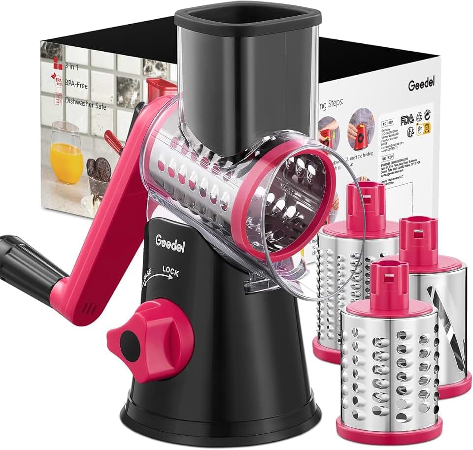 Geedel Käsereibe, Reibe für Gemüse, Gemüseschneider Trommelreibe mit kurbel | 3 Edelstahlklingen, 12x Schneller Schneiden, Starker Saugfuß, Spülmaschinenfest, Ergonomisches, No BPA, für Käse Gemüse Nüsse
