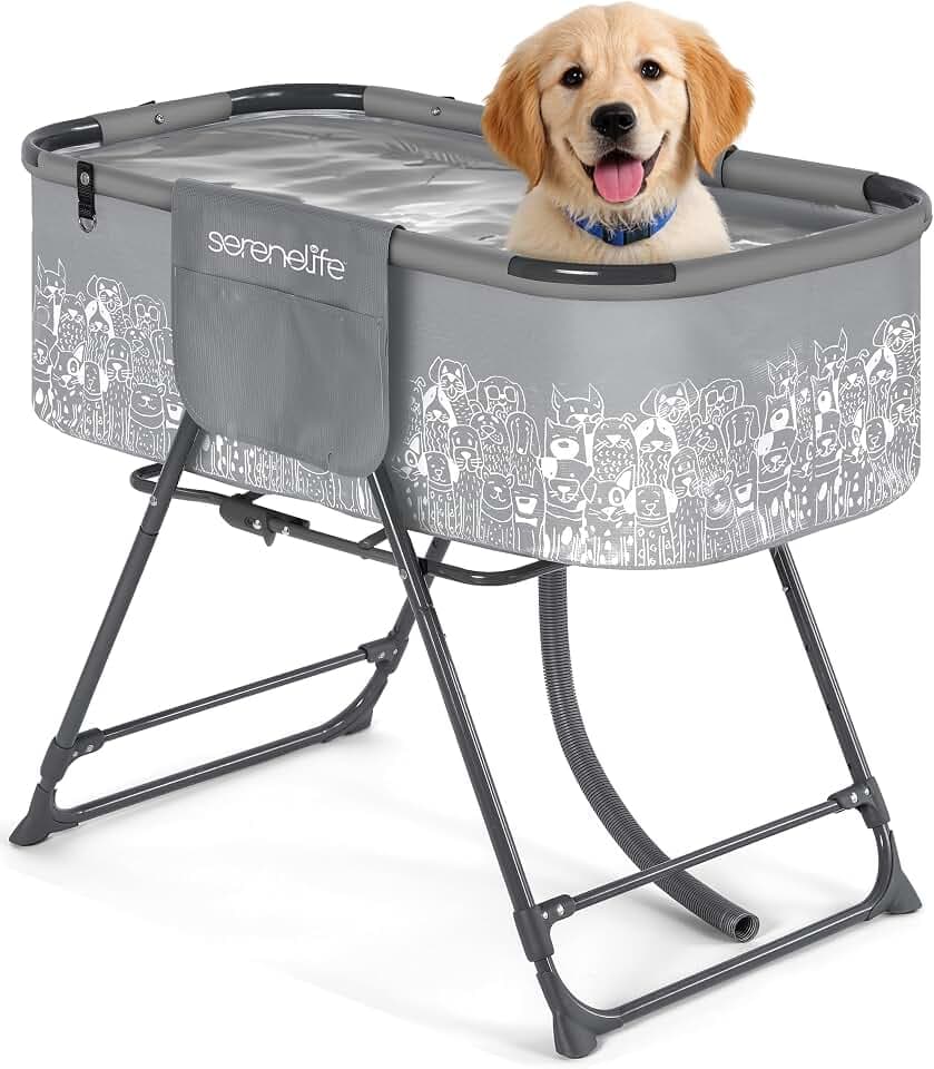 SereneLife Foldable Dog Bath Tub with Adjustable Height, 360° Access, Drain Hose & Storage Pockets – 130 lb Capacity Grooming Station for Indoor/Outdoor Use (Gray)
