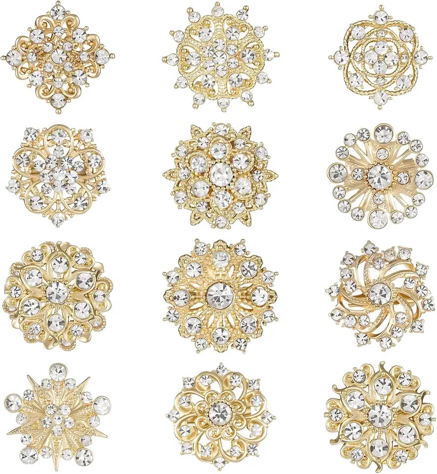 12Pcs Crystal Rhinestone Flower Brooch Pins Set, Wedding Brooches For Women