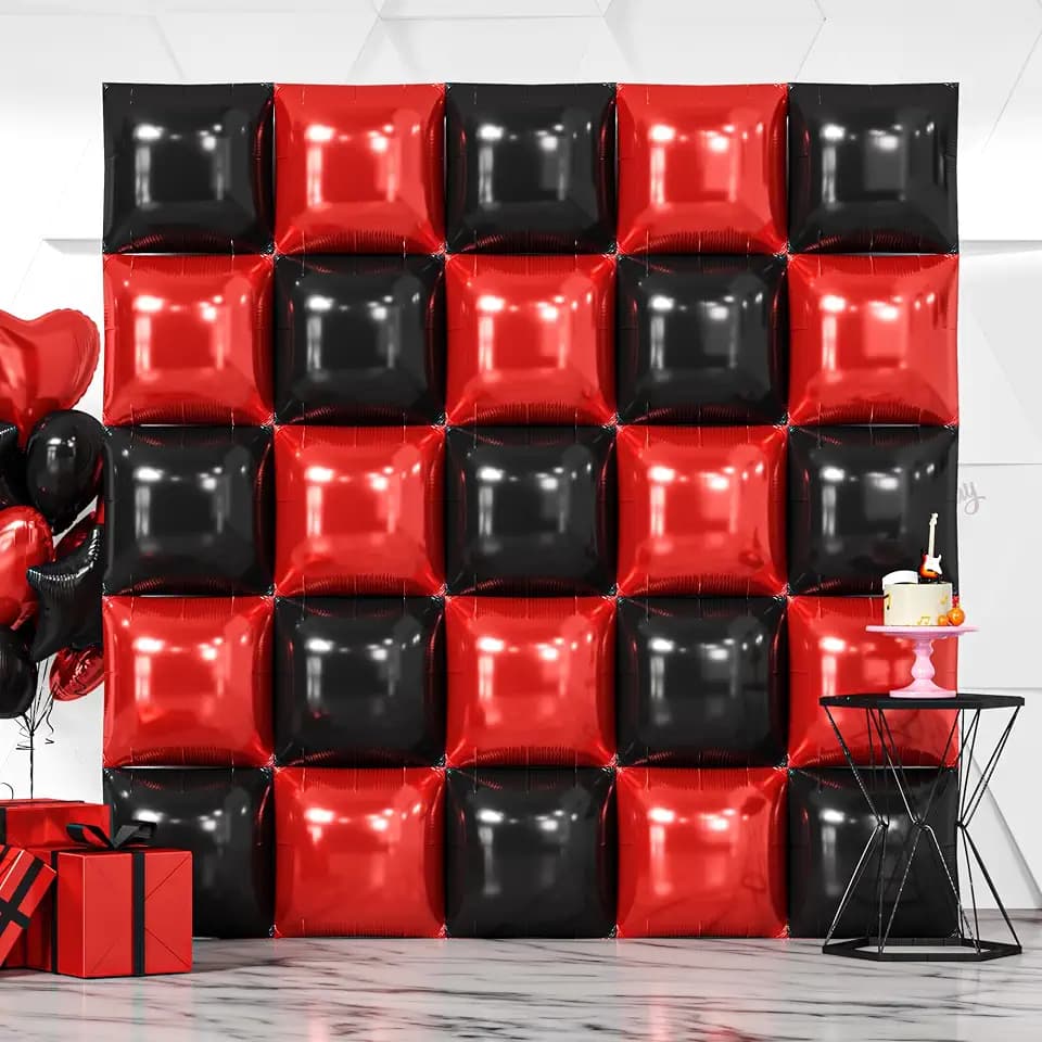 NISOCY 25PCS Red and Black Square Foil Balloons Wall Backdrop