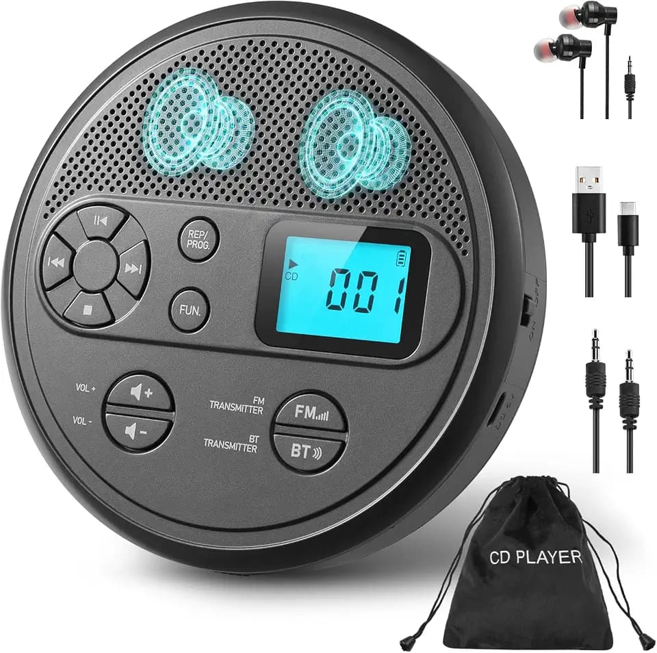 Portable CD Player with FM Transmitter, Bluetooth, Timer, USB, AUX