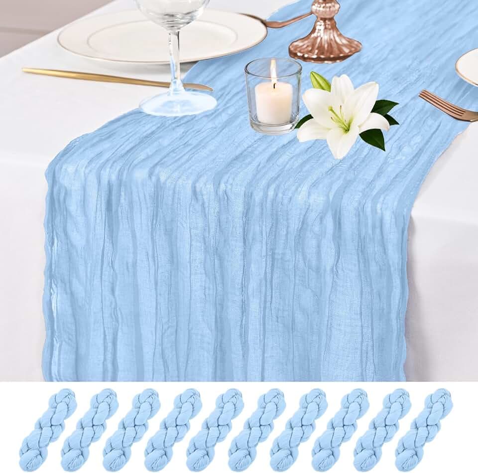 10 Pack Light Blue Table Runner 17 x 108inch Cheesecloth Table Runner Rustic Boho Gauze Sheer Fabric Cheese Cloth Table Runners for Wedding Party Bridal Baby Shower Birthday Spring Table Decor