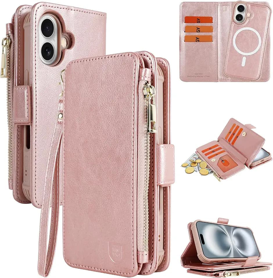 VANAVAGY Detachable Wallet Case for iPhone 16 Plus, Rose Gold