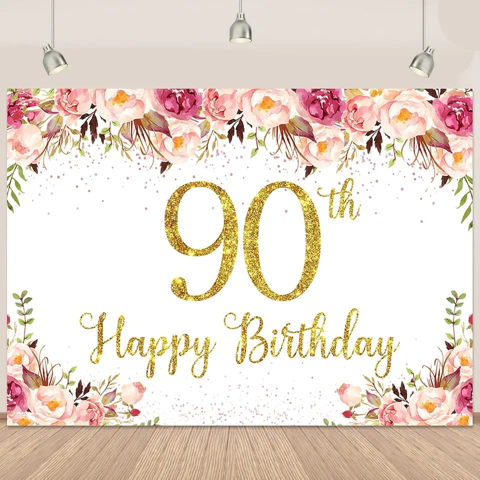 Happy 90th Birthday Banner for Women Pink 90th Birthday Decorations for Women Birthday Party Floral Rose Gold Photography Background Banner 5.9X3.9Ft(71x48inch)