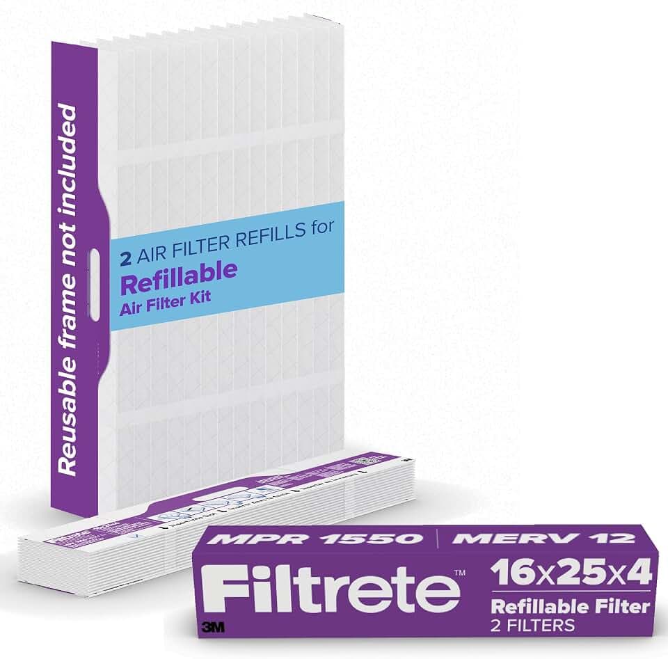 Filtrete 16x25x4 Refillable Air Filter replacement, MPR 1550, MERV 12, Allergen Bacteria & Virus, 2 Pack, use with reusable air filter frame of Filtrete Refillable Air Filter Kit, for HVAC, Furnace