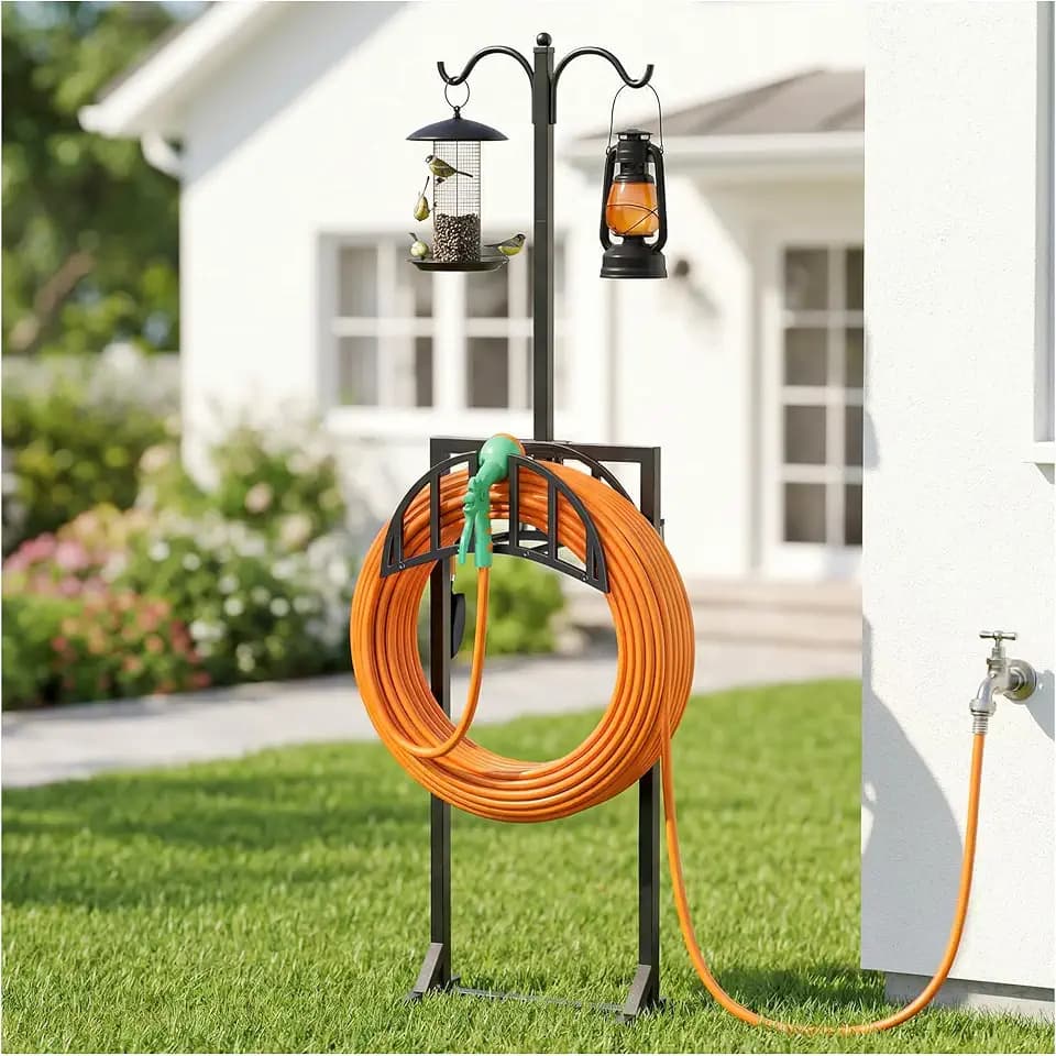 Garden Hose Holder, Water Hose Stand for Outside with 4 Stake and 2 Shepherds Hooks, Freestanding Hose Storage Holds 150Ft, Heavy-Duty Metal Hose Hanger Rack for Yard, Lawn, Farm
