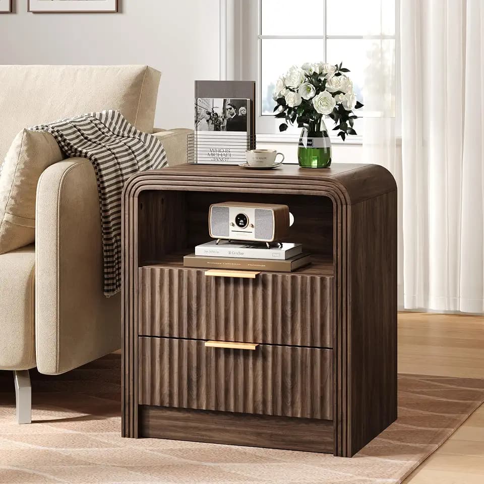Decofy Fluted 2-Drawer Nightstand with Charging Station, Walnut