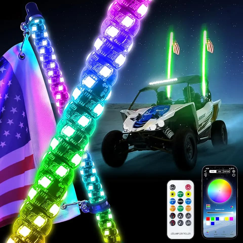 1PCS 4FT LED Whip Lights, Remote & App Control 600 Colors w/Waterproof Spiral Chase Illuminated Antenna Whip for UTV ATV, Polaris RZR, Offroad Vehicles, Trucks, Beach Dune Quad Wheeler Accessories