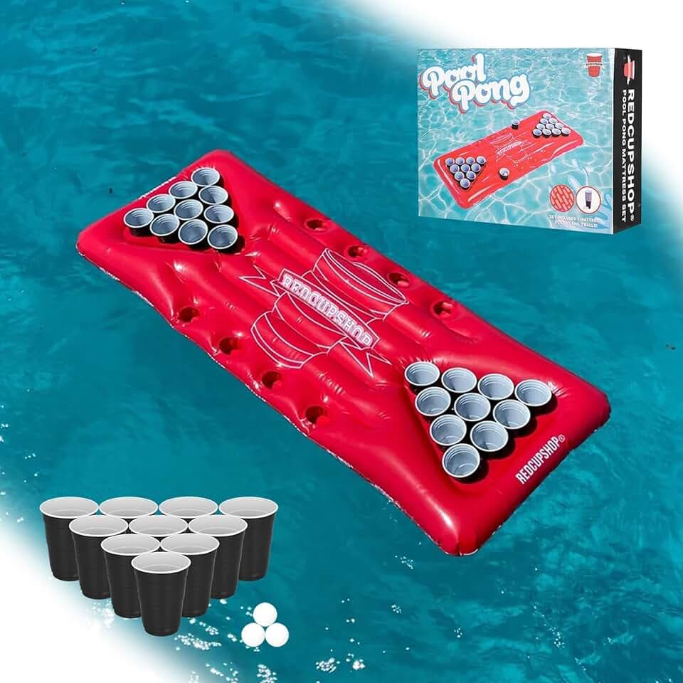 RedCupShop® Pool Pong Luftmatratze XXL – Beer Pong Pool Spiel mit 25 Bechern & 3 Bällen – Aufblasbares Partyspiel für See, Urlaub & Sommer