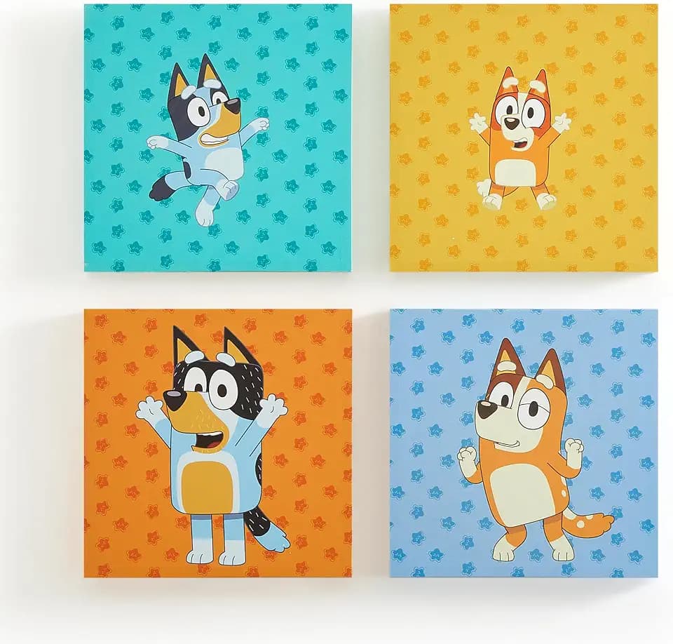 Bluey Canvas Wall Art – 4-Piece Set for Kids’ Room Décor, Each Print 12"x12", Colorful and Fun Artwork for Bedroom, Nursery, or Playroom