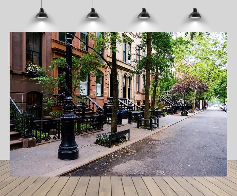 7x5ft Manhattan City Street Backdrop New York Downtown NYC Street Classic Luxury Apartment Building Photo Background for Travel Wedding Party Decoration Photo Studio Props