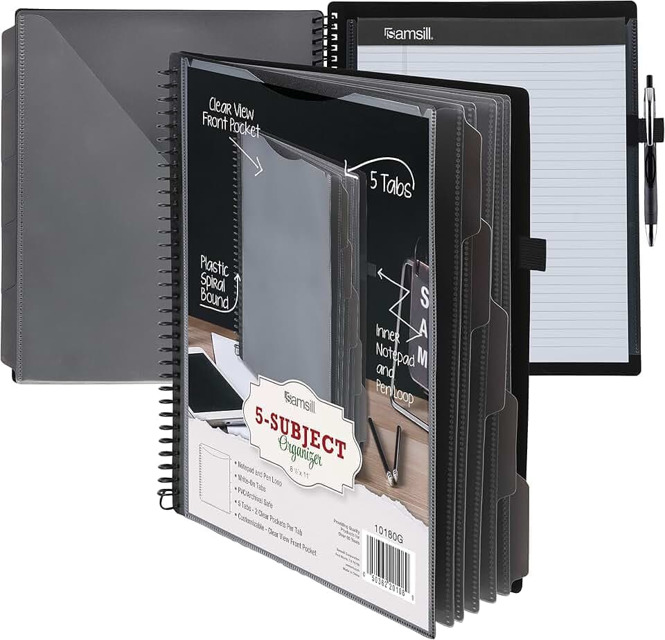 Samsill Spiral Folder Organizer - 5 Dividers & 10 Pockets with Notepad Holder, Multi Pocket Color Cordinated Folder Binder with Customizable Tabs, Document Organizer (Grey)