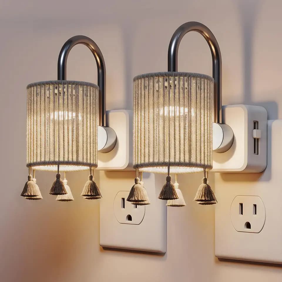 L LOHAS LED Night Lights Plug into Wall, Boho Fabric Cylinder Night Light