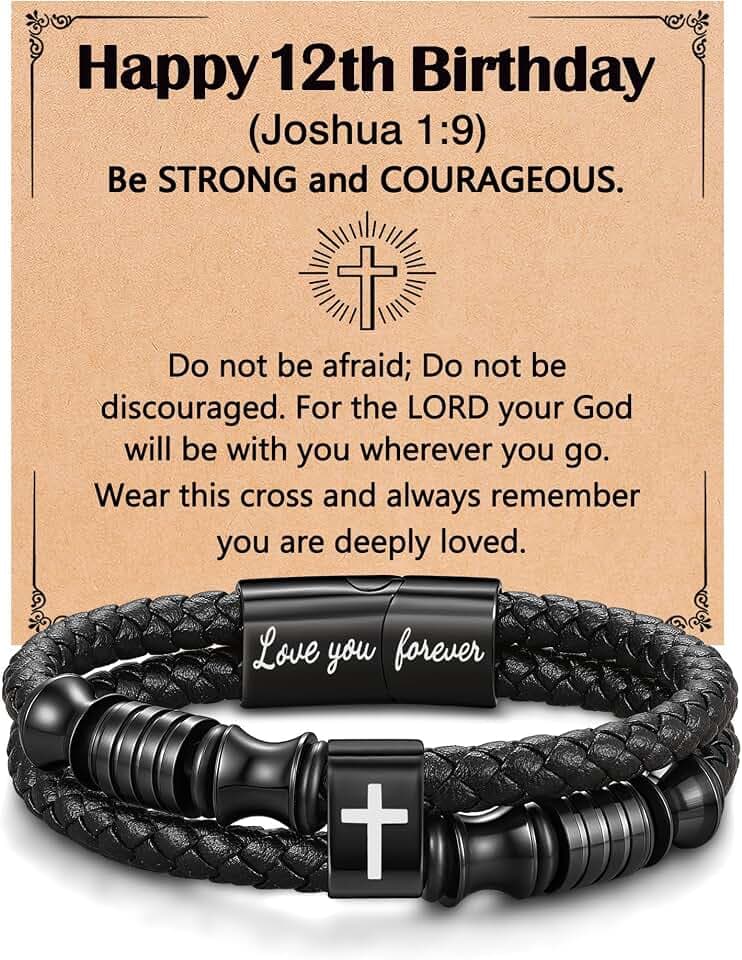UNGENT THEM Leather Cross Bracelet, Joshua 1:9 Birthday Gifts for Boys Men