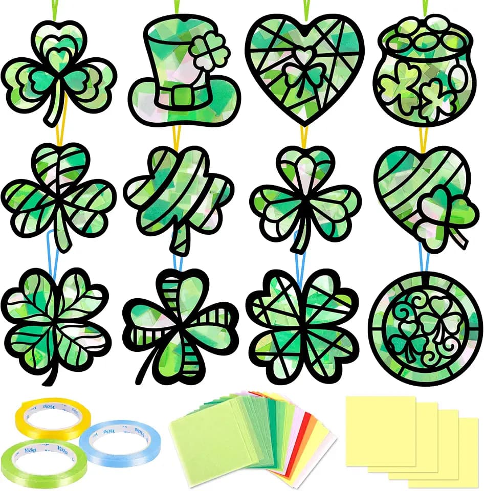 Renbuzhu 40PCS St. Patricks Day Crafts Bulk: Paper Shamrock Suncatchers, Saint Patrick's DIY Kits, Window Stained Glass Effect Art Supplies