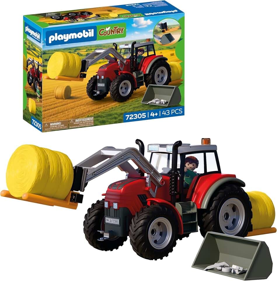 PLAYMOBIL | Country | Großer Traktor mit Heuballen | Kraftvoller Traktor mit Frontlader, Rundballen & Werkzeugset | Für Kinder ab 4 Jahren | 72305