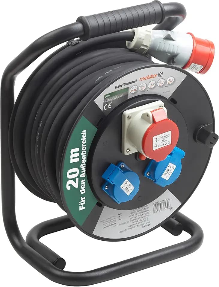 Meister Kabeltrommel H07RN-F5G2,5, IP44 - 20 m Kabel - Thermoschutz-Schalter - Outdoor / Kabelrolle mit CEE- & Schuko-Steckdosen / Kabelbox mit Verlängerungskabel / Leitungsroller mit Kurbel / 7435900