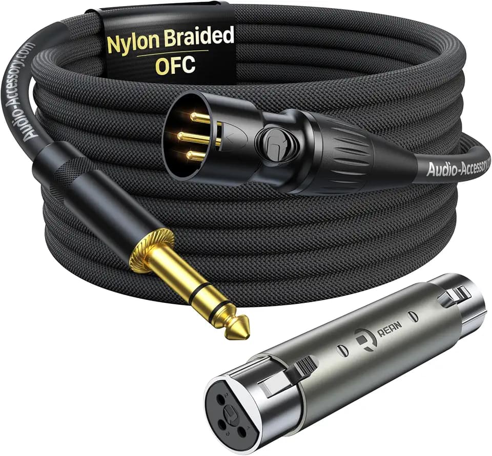 AA AUDIO ACCESSORY XLR Male to 1/4 Cable with XLR Female to Female Adapter Bundle, Rean Connectors from Neutrik, Kevlar-Reinforced Nylon Braided TRS Cable, Balanced Quarter Inch Cord, 6ft, OFC