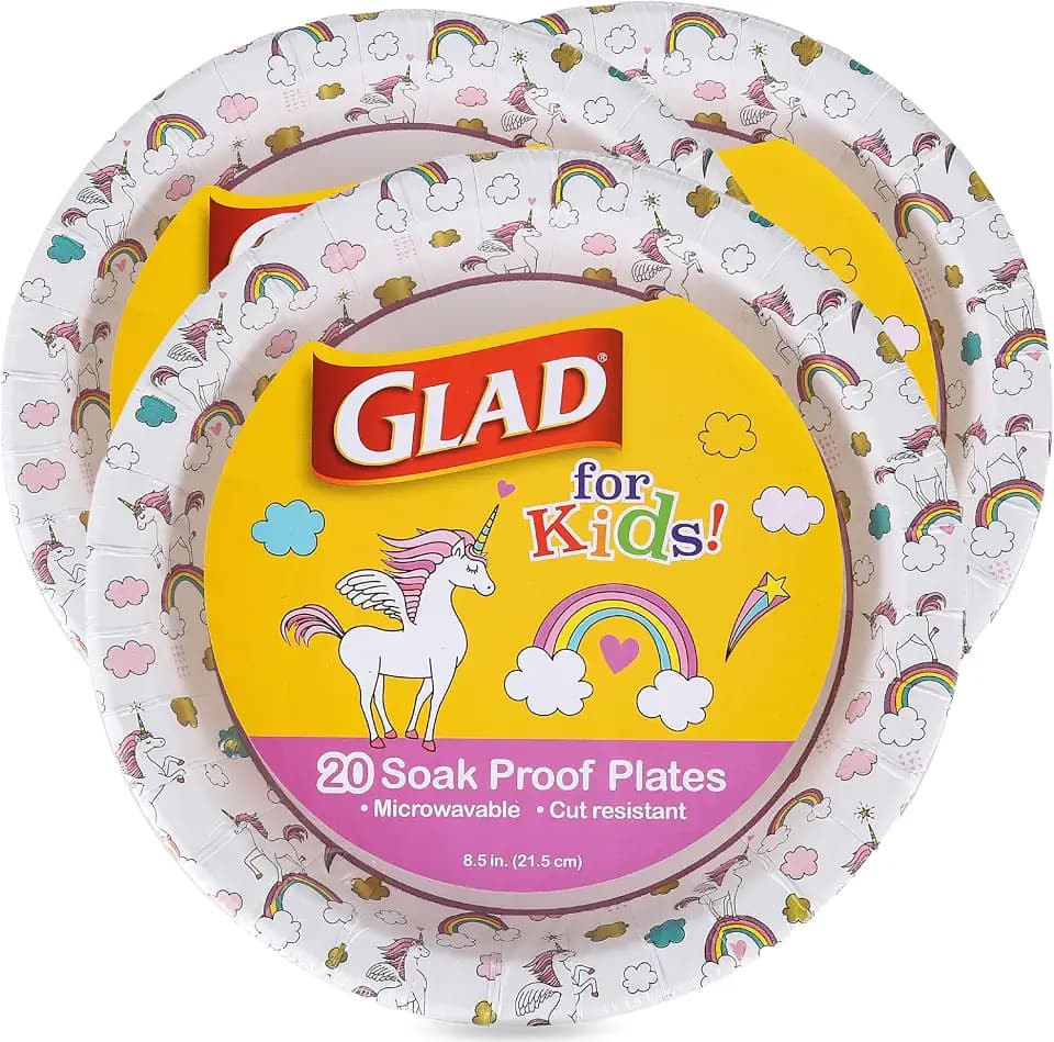 Glad for Kids Disposable Paper Plates, Unicorns, 8.5 Inch, 20 Count, 3-Pack